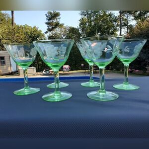 Green Uranium Glass Tiffin Weston Etched Berry Depression Glasses